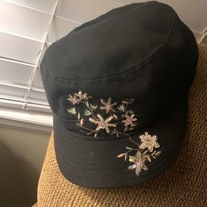 Hat - Flat Top Black - Girls beaded pink & shiny sequined floral design!